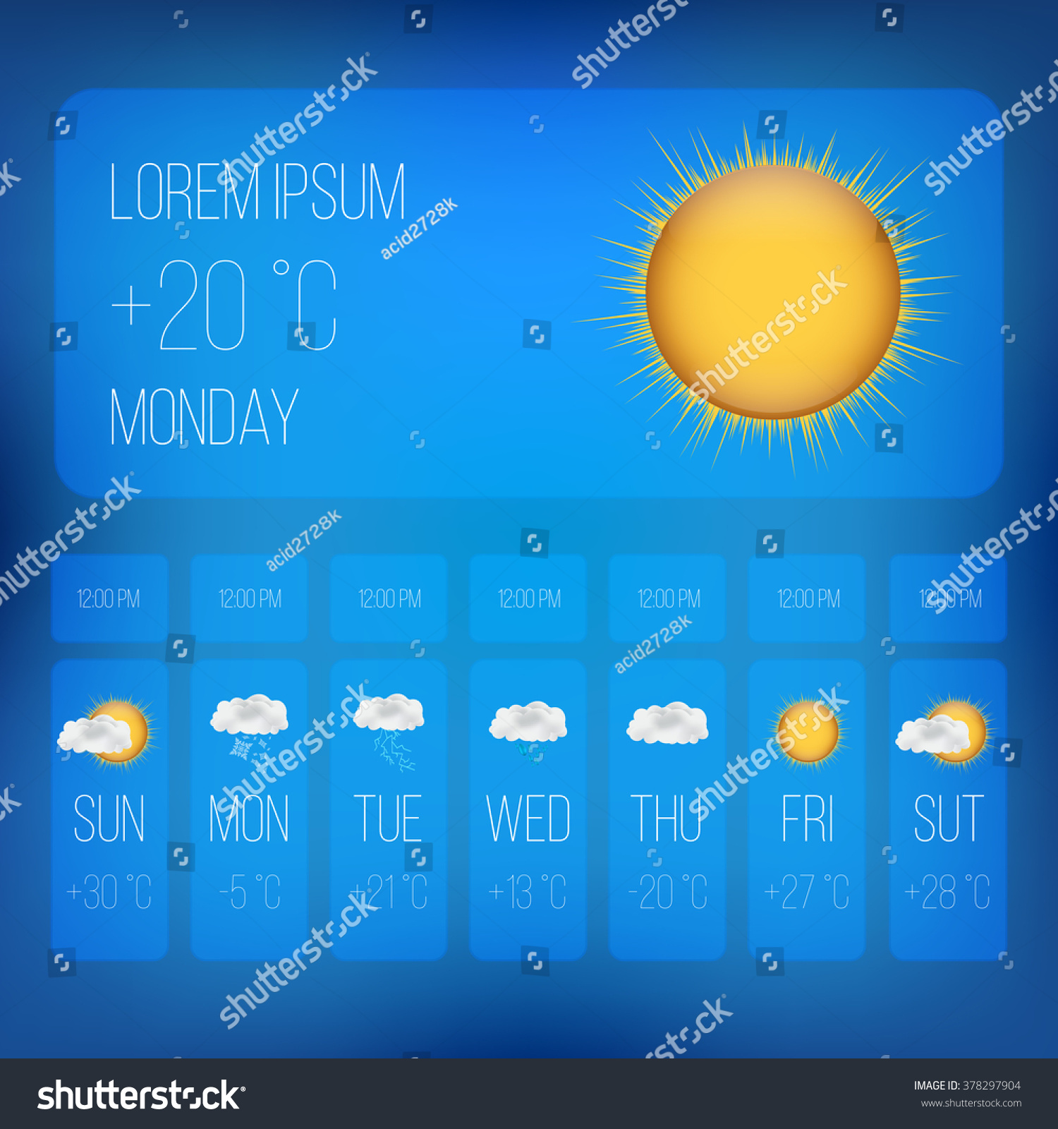 Weather Forecast Widget Mobile Application Program. Weather Set Of Meteo Icons. Season Icons. Season Cloud, With Sun, Rain, Snowflakes, Lightning. Vector Illustration #378297904