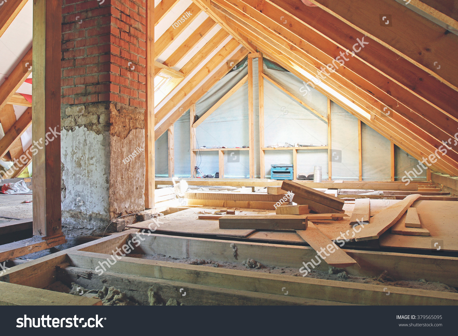 an interior view of a house attic under construction #379565095