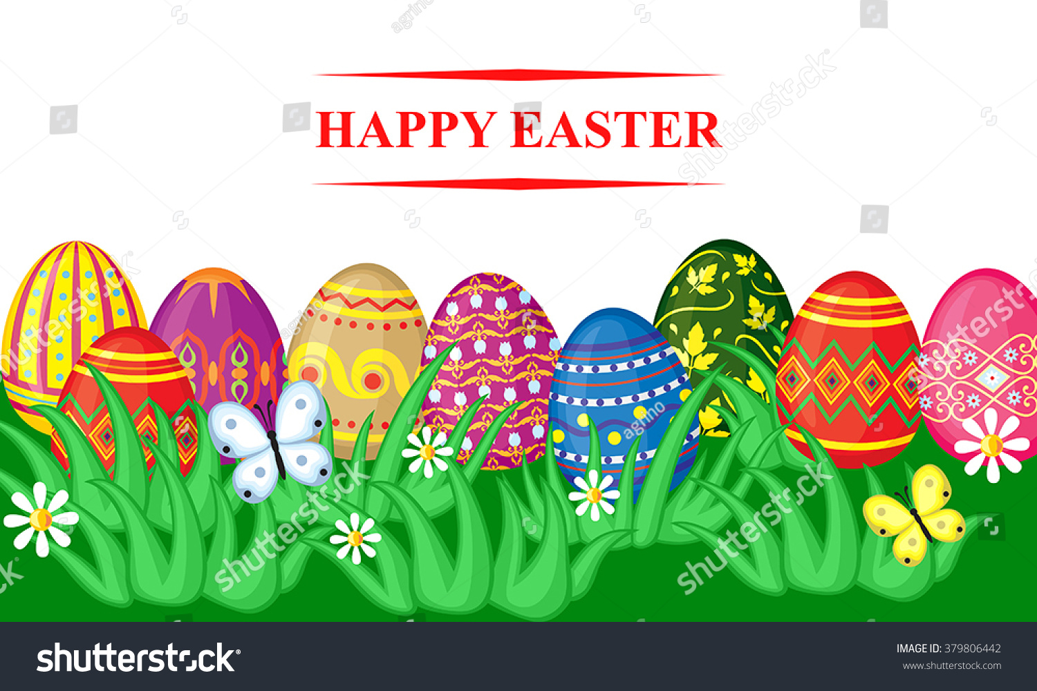 Vector illustrations of spring Easter card with cartoon decorative eggs in grass on meadow #379806442