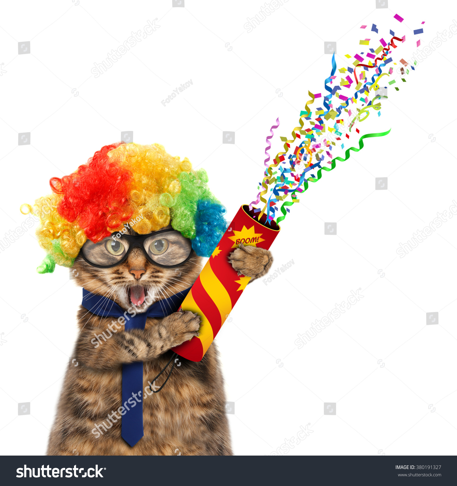 Funny cat is wearing costume clown and holding a petard. #380191327