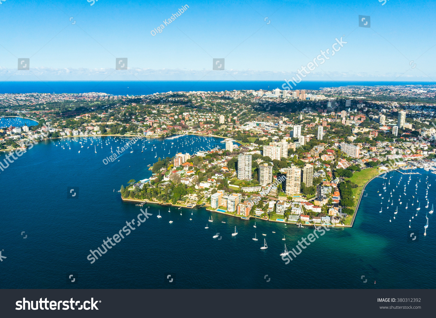 Aerial view Double bay, Sydney, Australia. View on Sydney harborside suburbs from above. Aerial view on Sydney harborside, Rushcutters bay, Double bay, Darling point,  Point piper, Darling point wharf #380312392