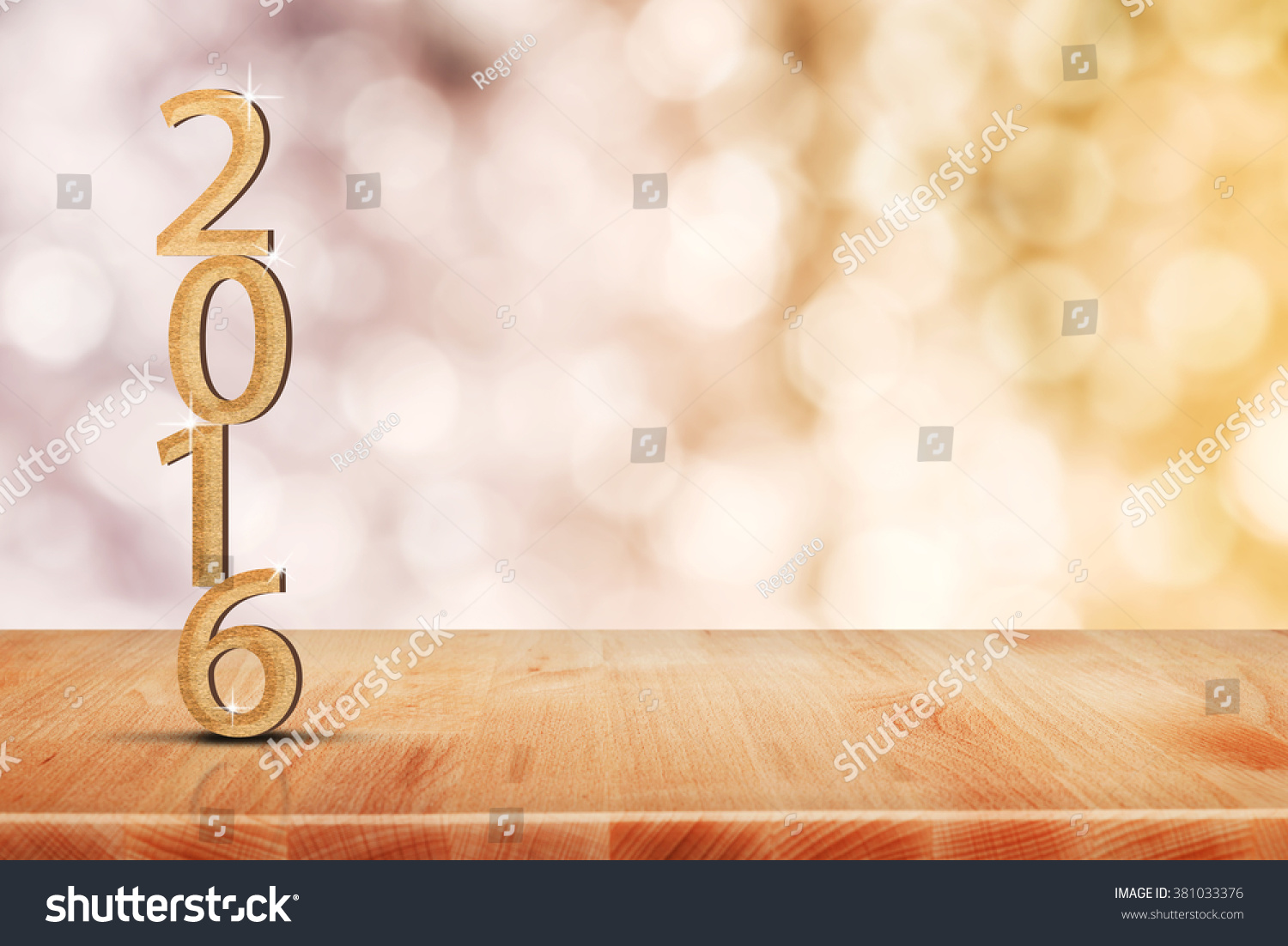 2016 year gold scratch number in perspective room with sparkling bokeh wall and wooden plank floor #381033376