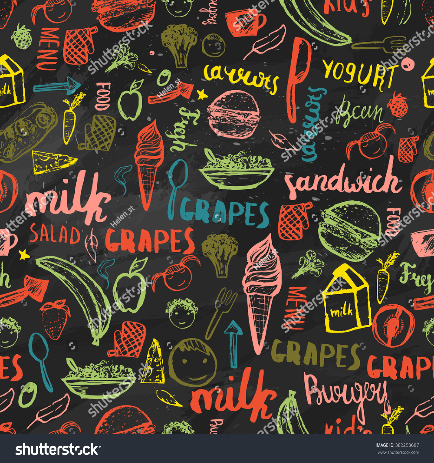 Kids menu seamless pattern. Creative design for wrapping, banners. Template on dark background. #382258687
