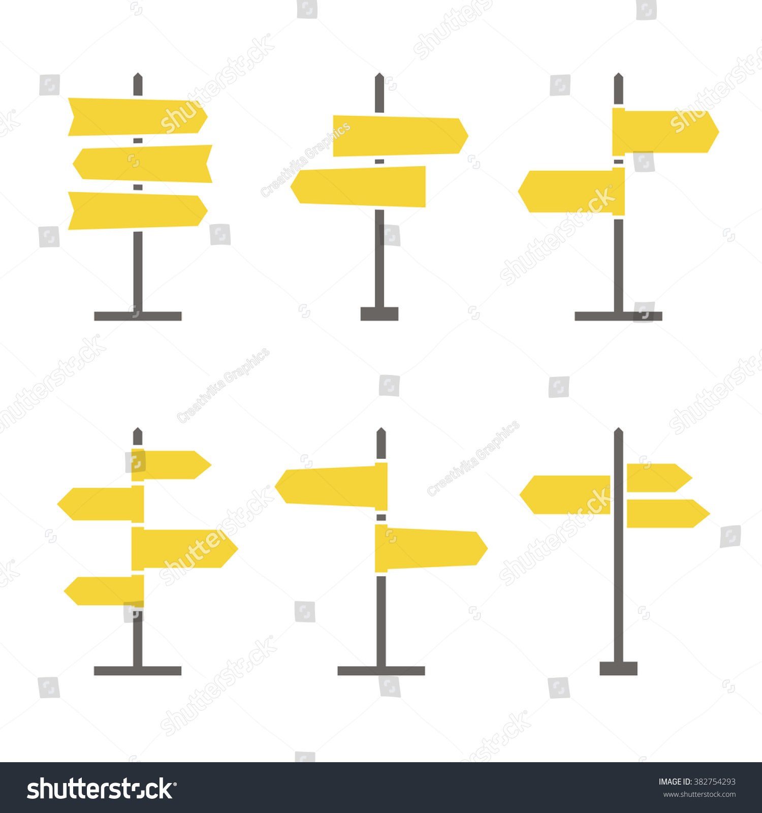 Set of 6 road signs flat icons. Collection of signpost icons in flat style. Blank templates for navigational text. EPS8 clean vector illustration. #382754293