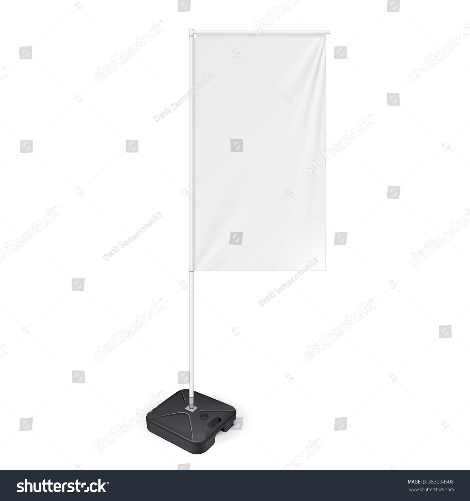 White Outdoor Panel Flag With Ground Fillable Water Base, Stander Advertising Banner Shield. Mock Up Products On White Background Isolated. Ready For Your Design. Product Packing. Vector EPS10 #383094508