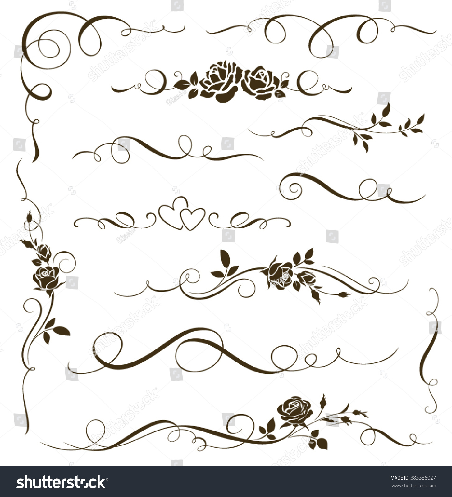 Vector set of floral calligraphic elements, dividers and rose ornaments for page decoration and frame design. Decorative silhouette for wedding cards and invitations. Vintage flowers and leaves #383386027