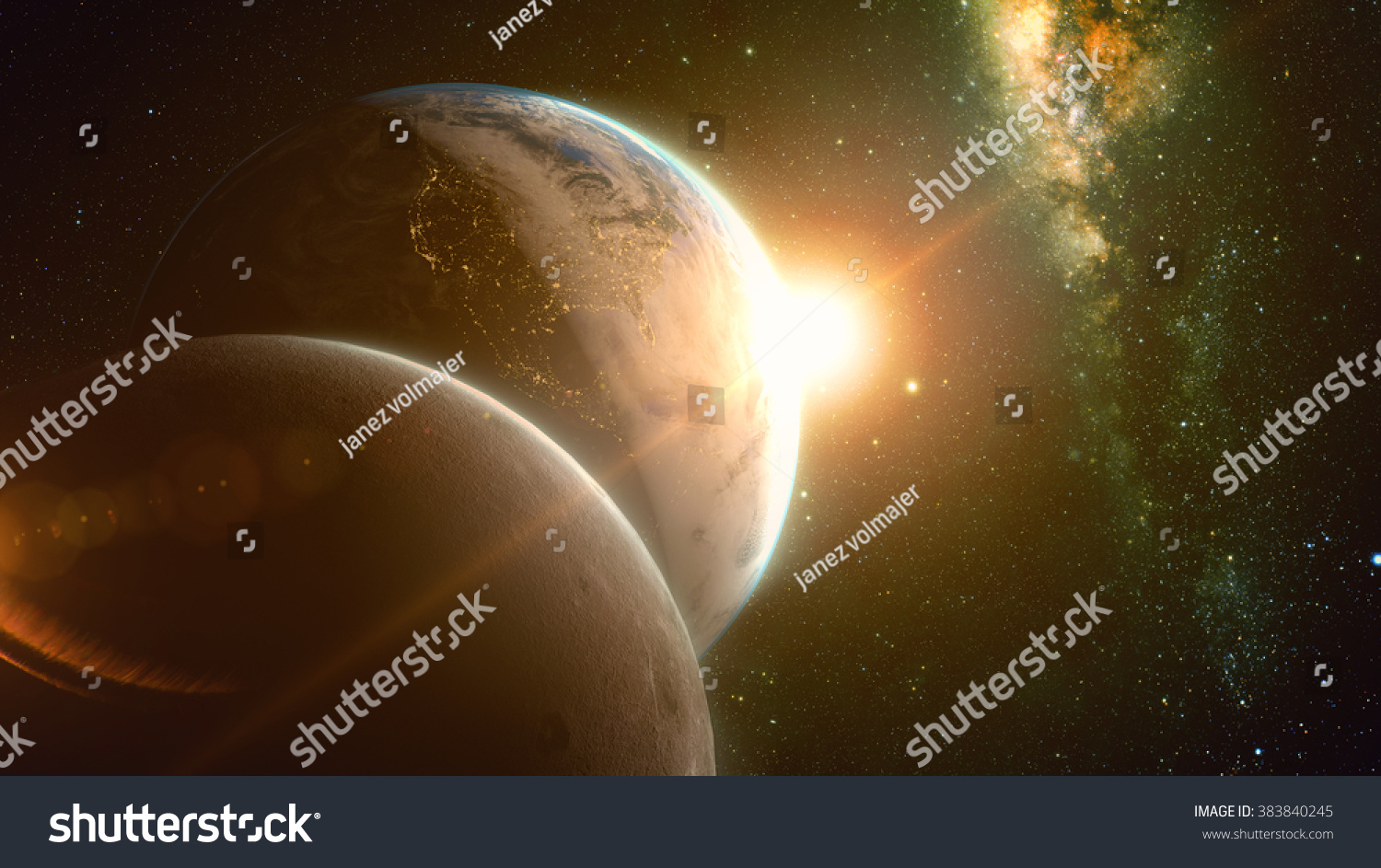 spectacular sunrise view over Planet Earth and moon with milkyway in background.
Elements of this image furnished by NASA #383840245