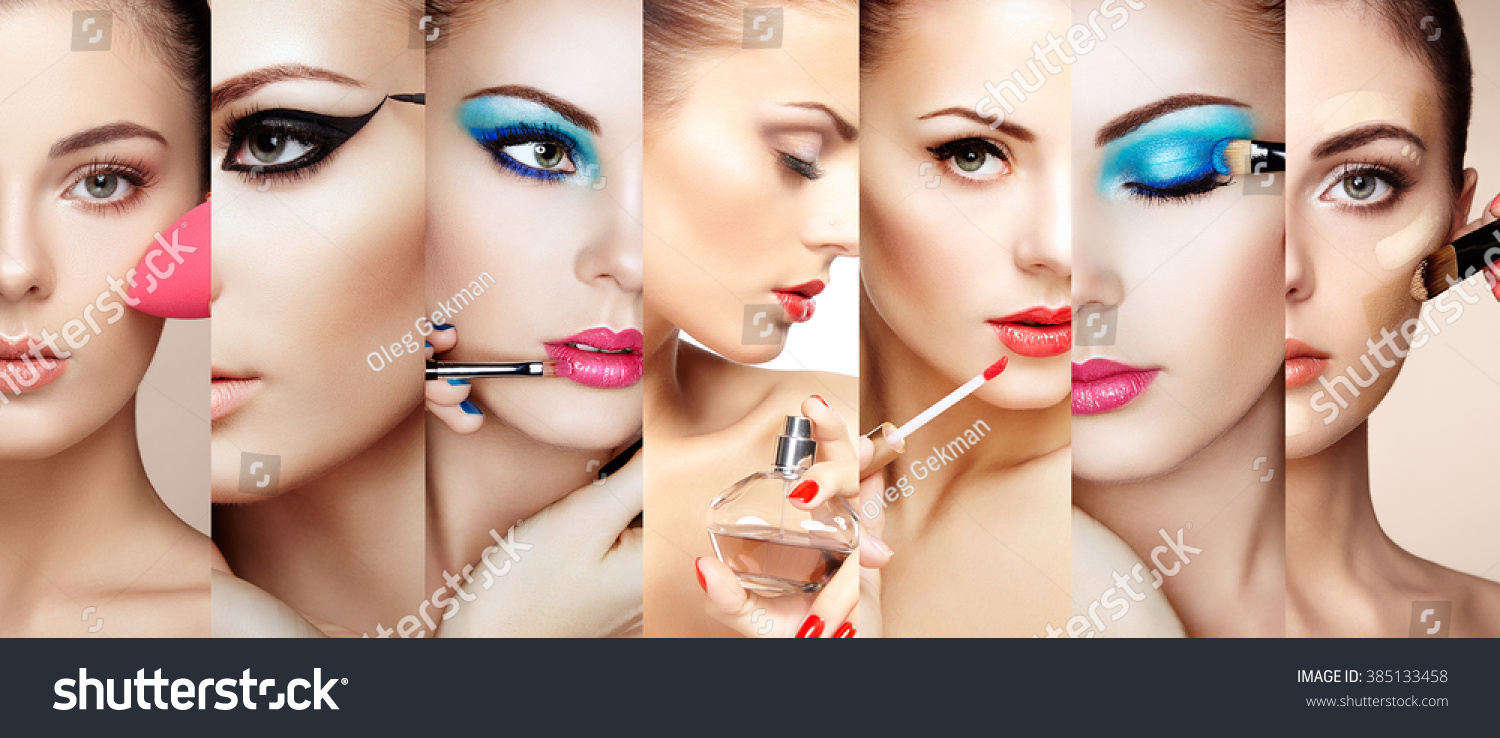 Beauty collage. Faces of women. Fashion photo. Makeup artist applies lipstick and eye shadow. Woman applying perfume #385133458