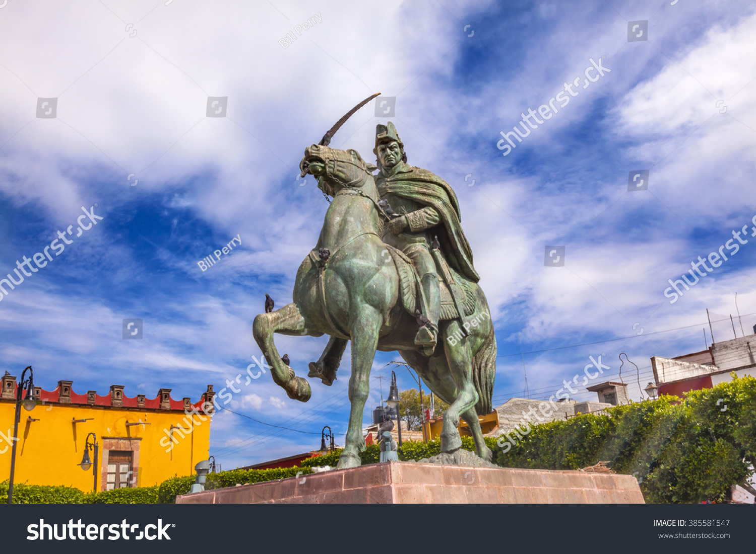 General Ignacio Allende Statue Plaza Civica San Miguel de Allende Mexico. General who first led revolt against Spain in 1810 and considered a hero of the Mexican War of Independence #385581547