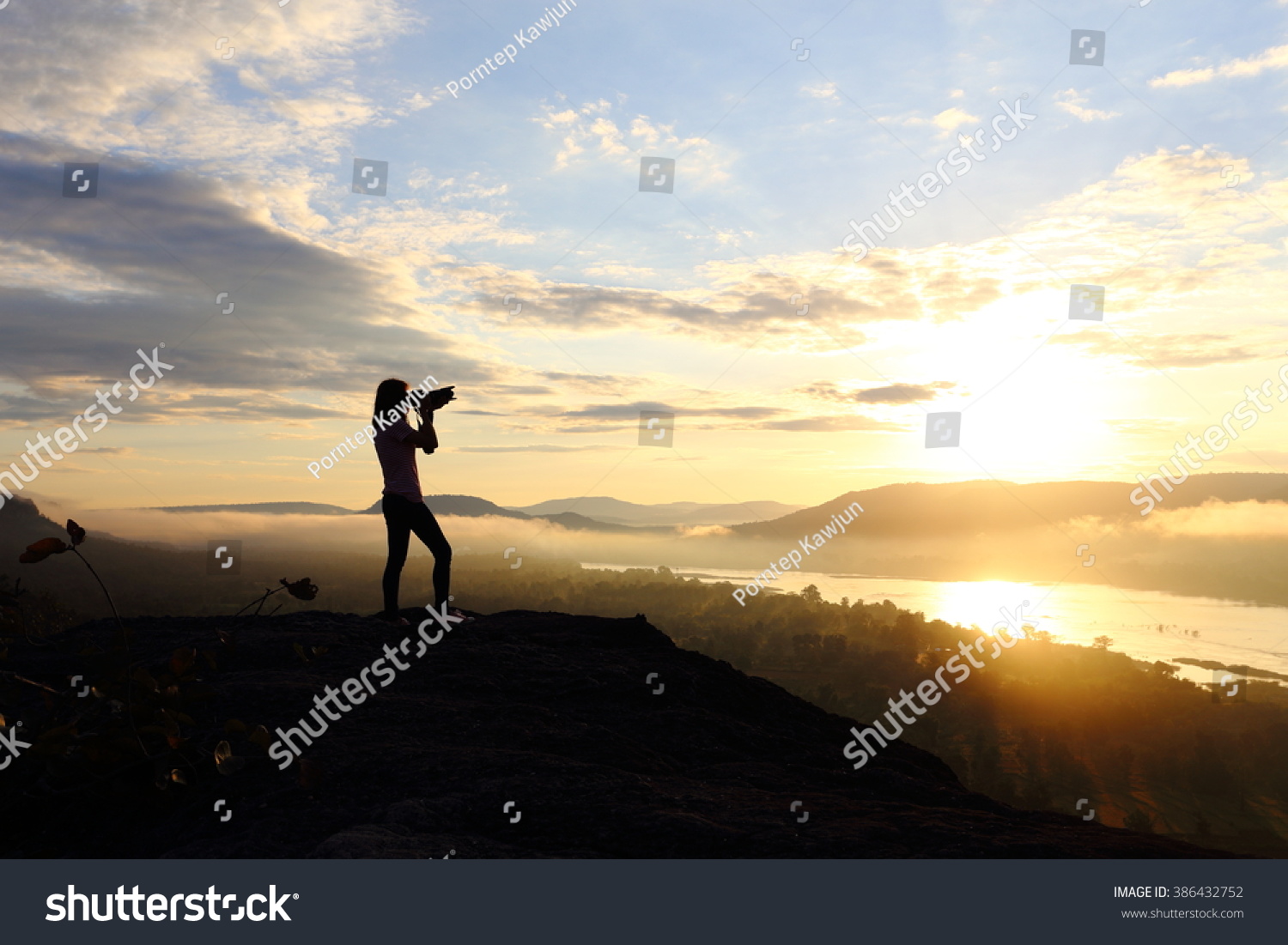 Photography woman with sunrise #386432752