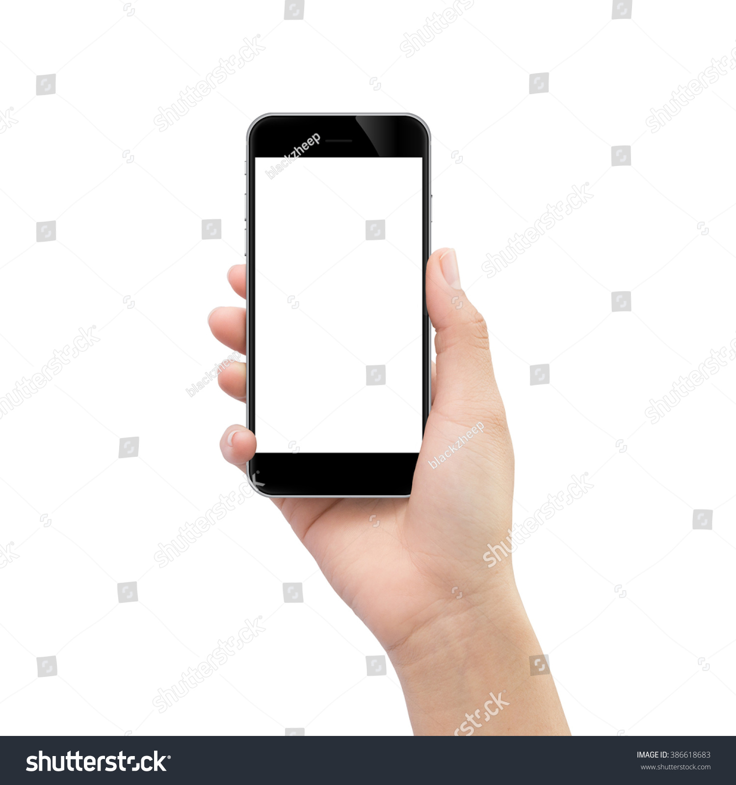 hand holding black phone isolated on white clipping path inside #386618683