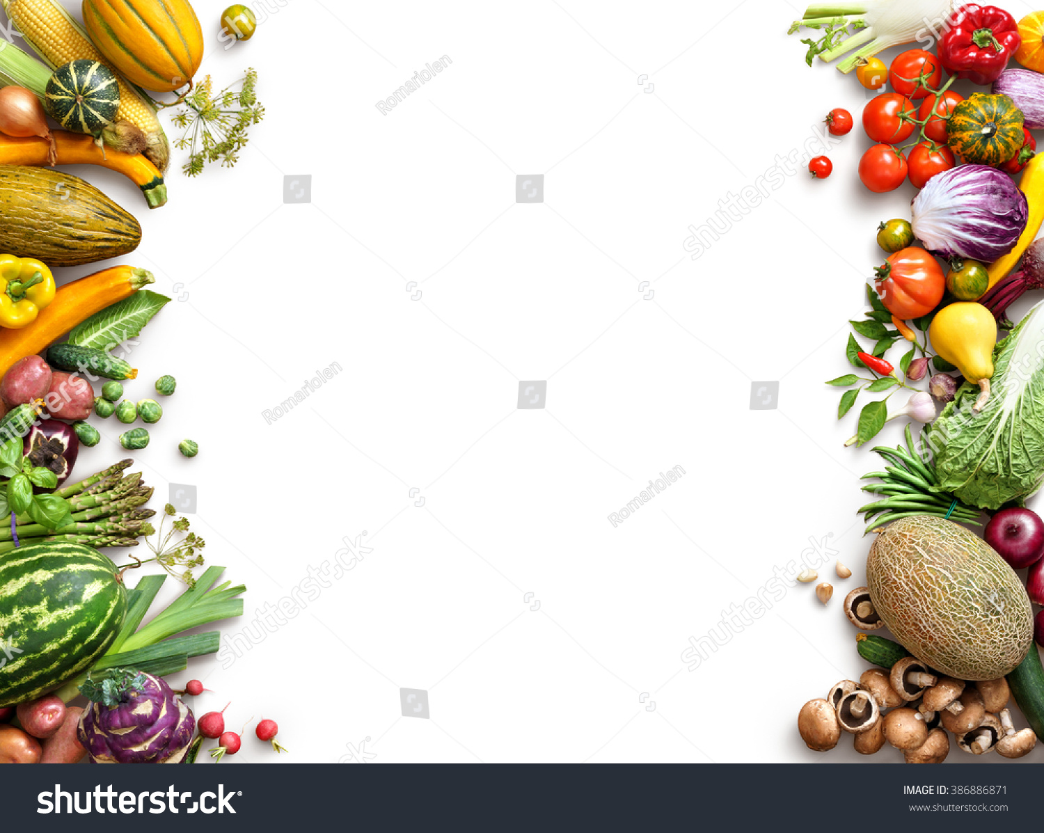 Healthy eating background. Food photography different fruits and vegetables isolated white background. Copy space. High resolution product #386886871