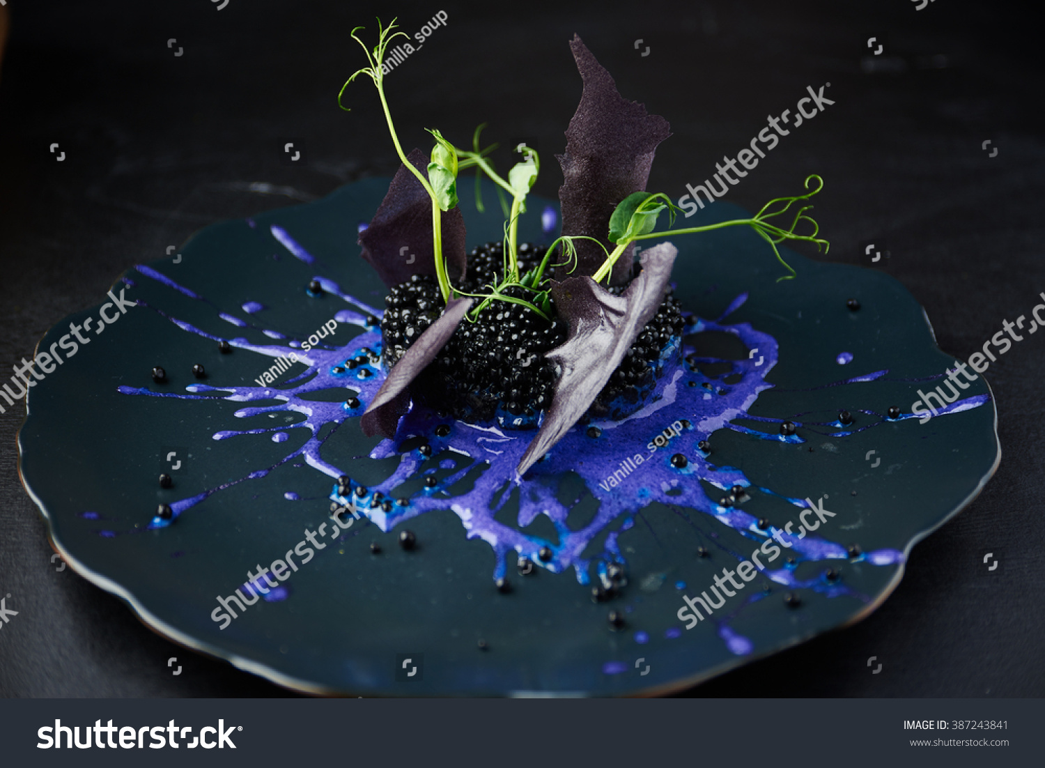 Plate with black risotto on black background with dramatic side light. Haute cuisine. #387243841