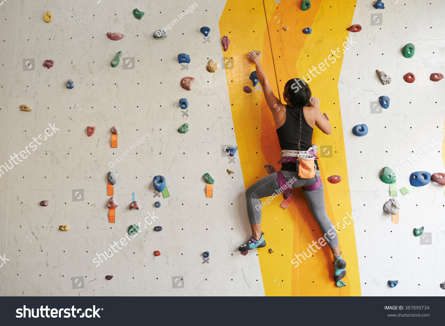 Athletic woman climbing indoors, view from the back #387899734