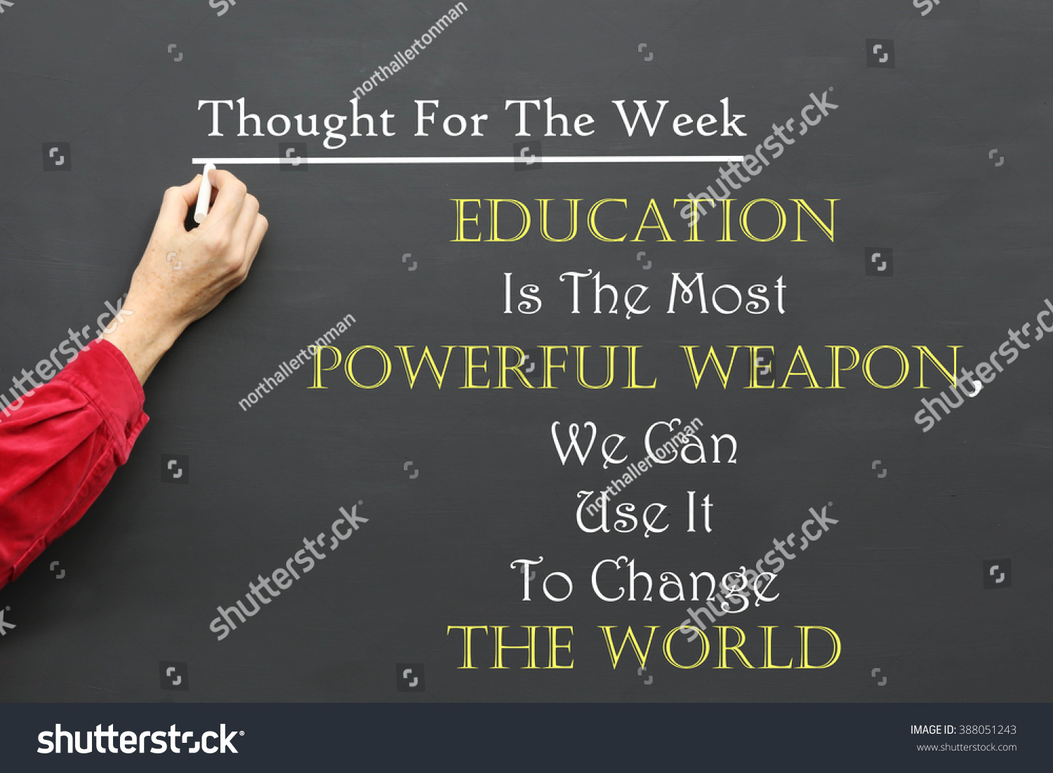 Inspirational Thought For The Day message of Education Is The Most Powerful Weapon, We Can Use It To Change The World written on a School Blackboard by the teacher. #388051243