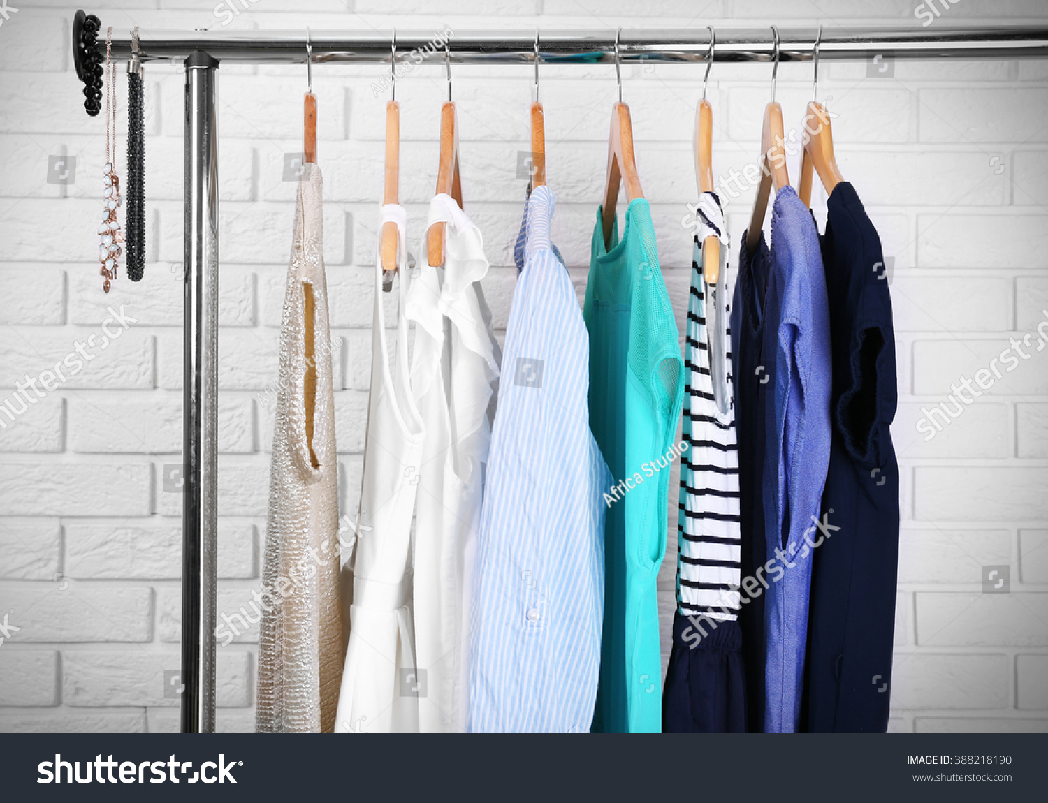 Collection of female clothes hanging on a rack #388218190