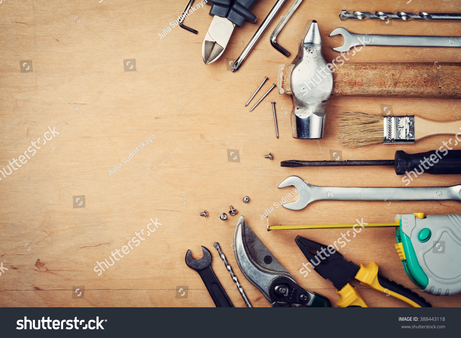 Working tools on wooden rustic background. top view #388443118