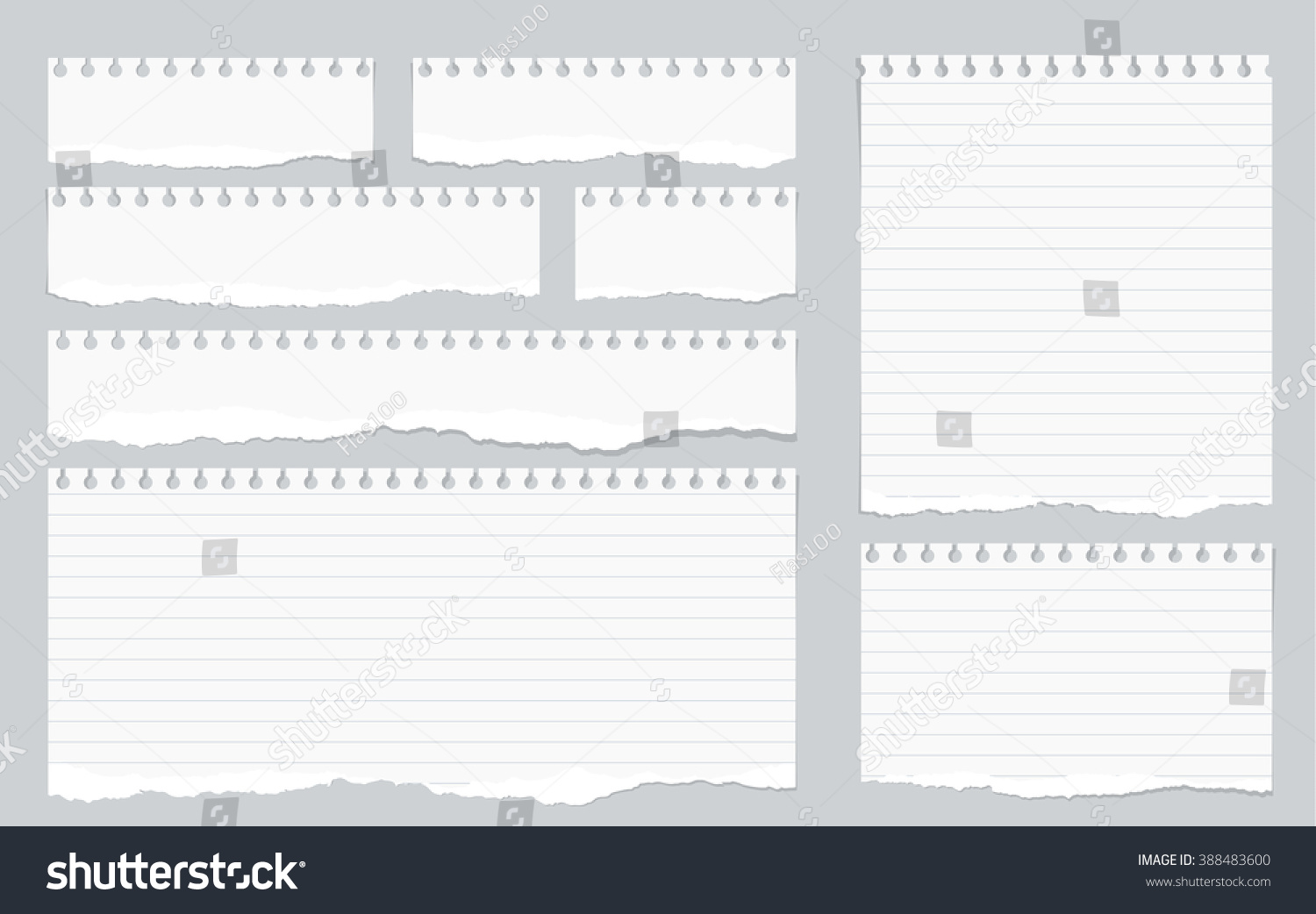 Pieces of torn white lined notebook paper on gray background #388483600