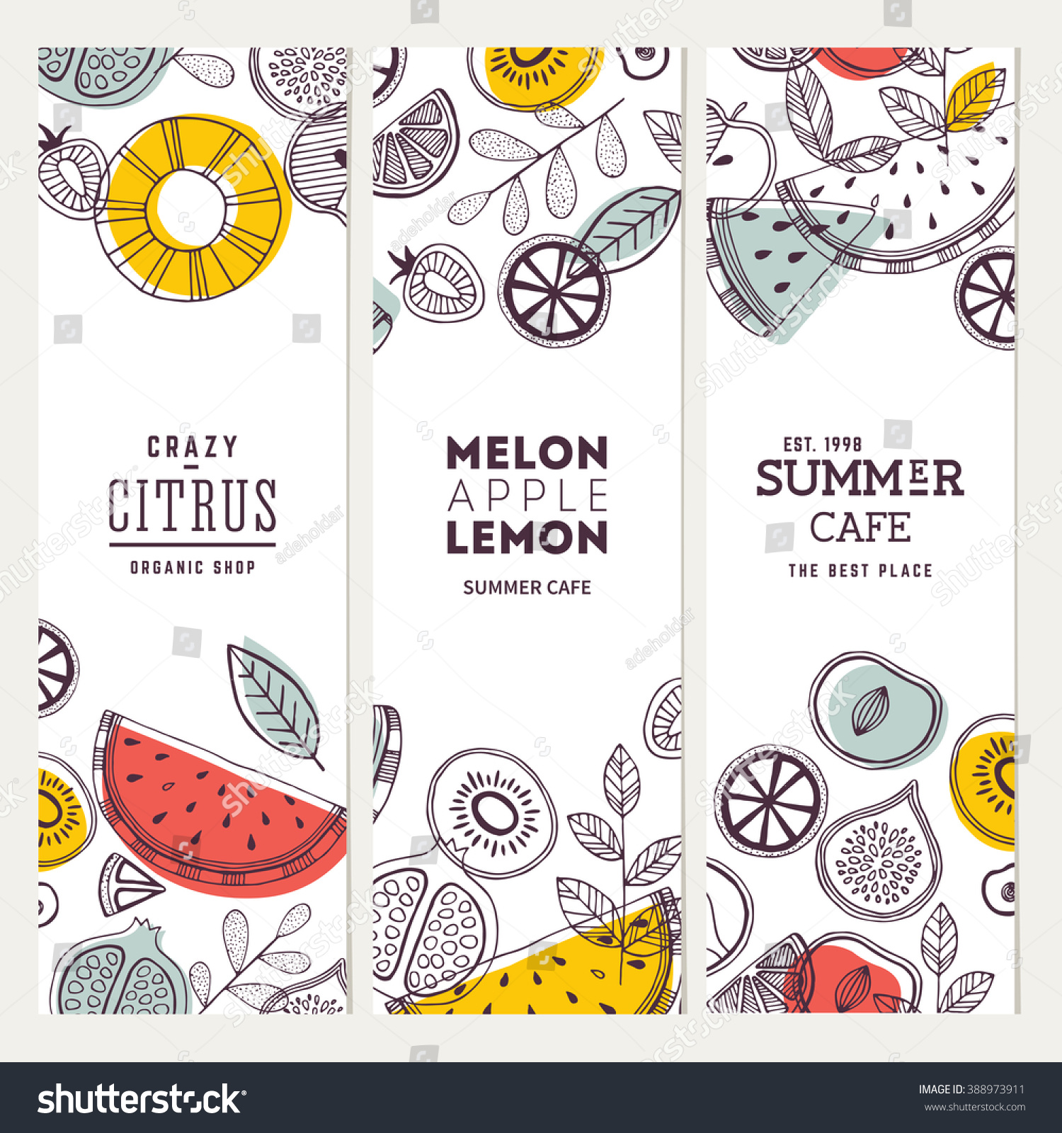 Fruit banner collection. Summer fruit banner set. Vector illustration #388973911