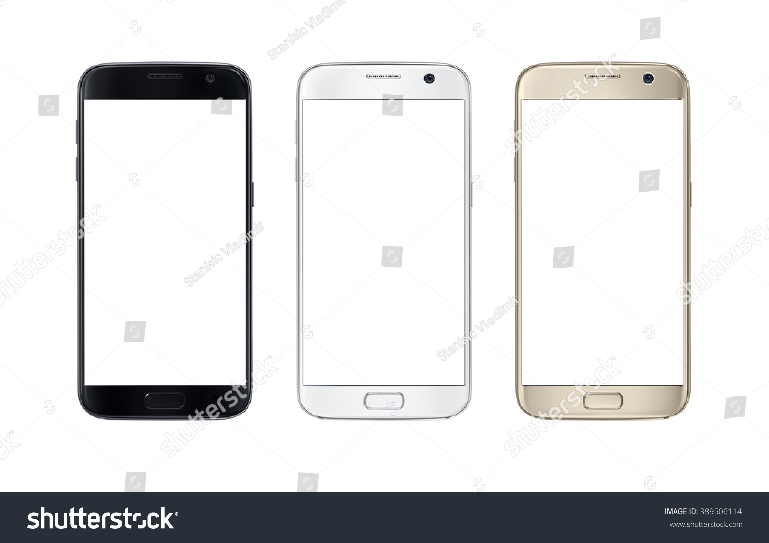 Modern smart phone in three color. White screen for mockup, isolated. #389506114