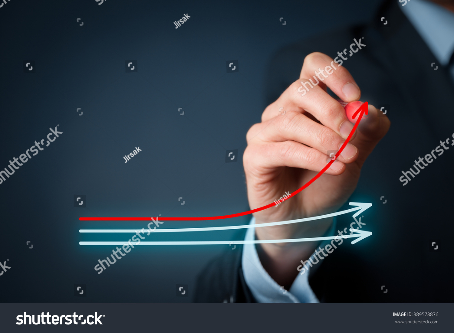 Benchmarking and market leader concept. Manager (businessman, coach, leadership) draw graph with three lines, one of them represent the best company in competition.
 #389578876
