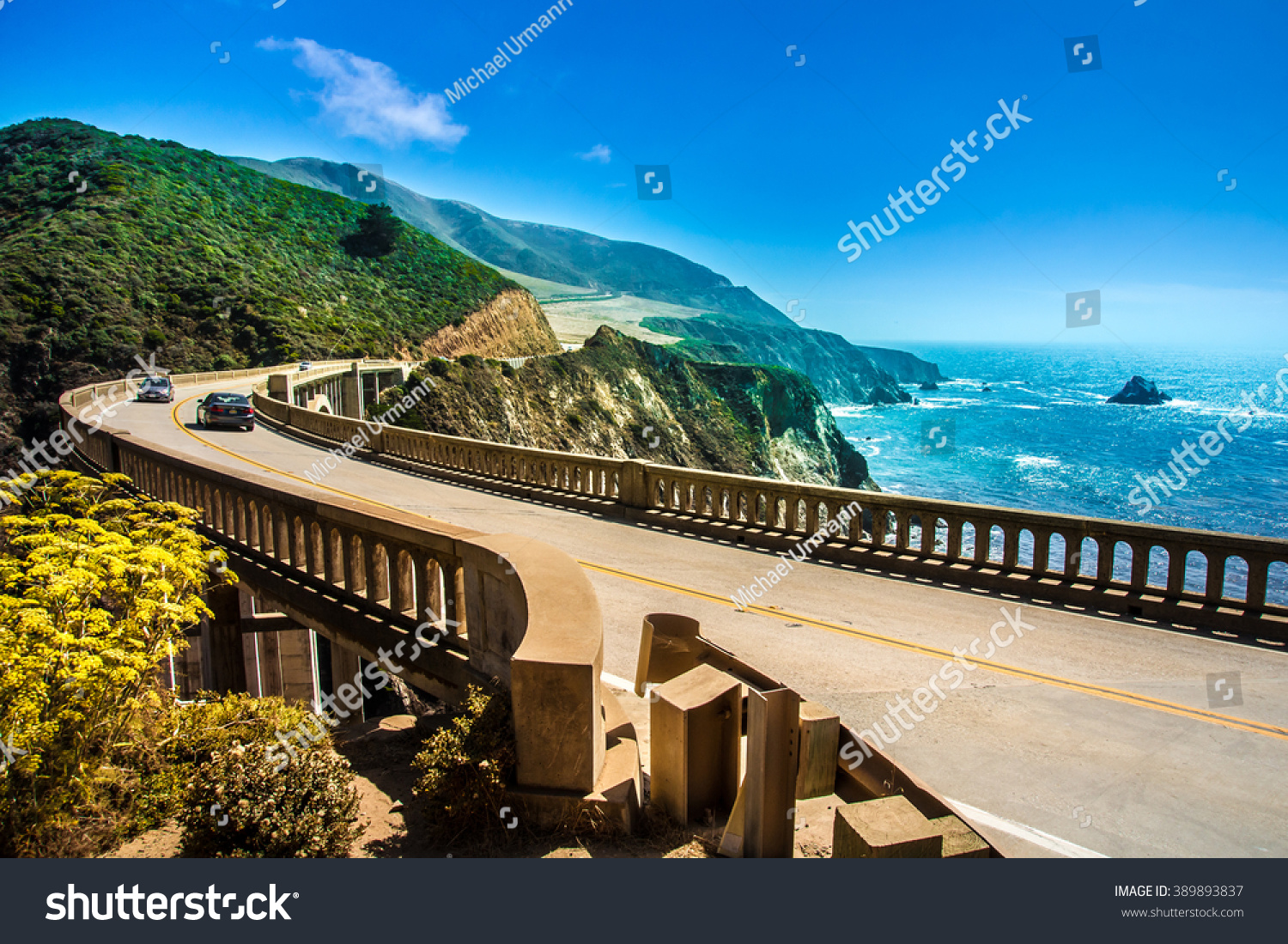 Bixby Creek Bridge on Highway #1 at the US West Coast traveling south to Los Angeles, Big Sur Area
 #389893837
