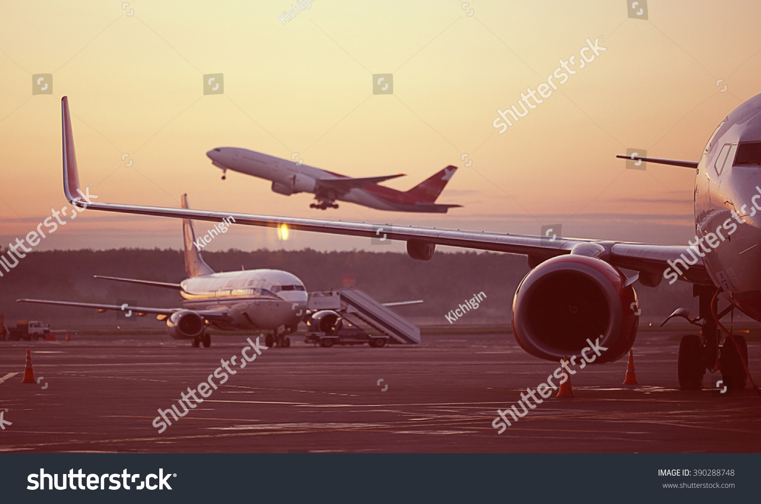 airport, the plane on takeoff, landscape #390288748