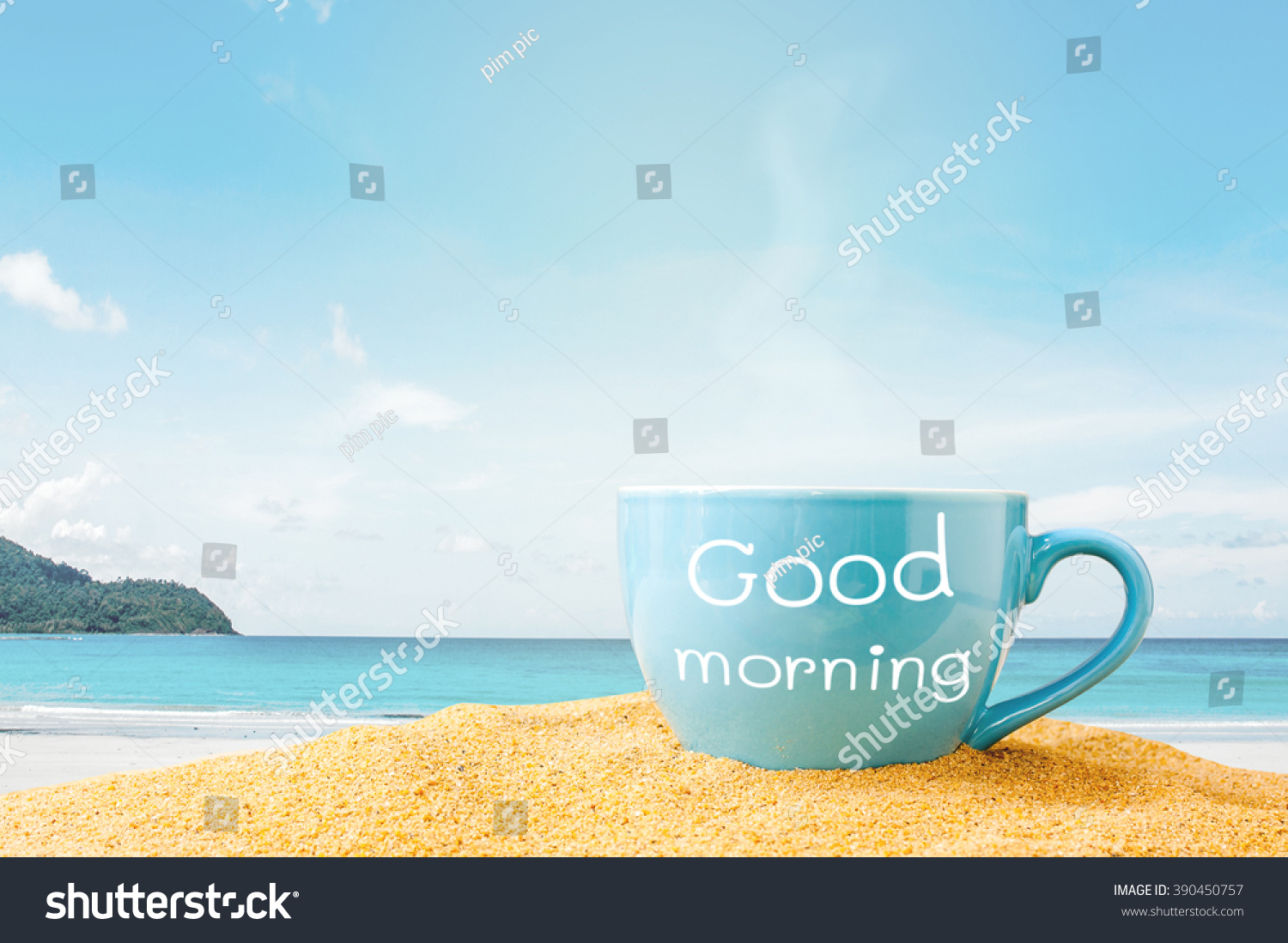 Blue Cup Of Coffee With Good Morning Stock Photo 390450757