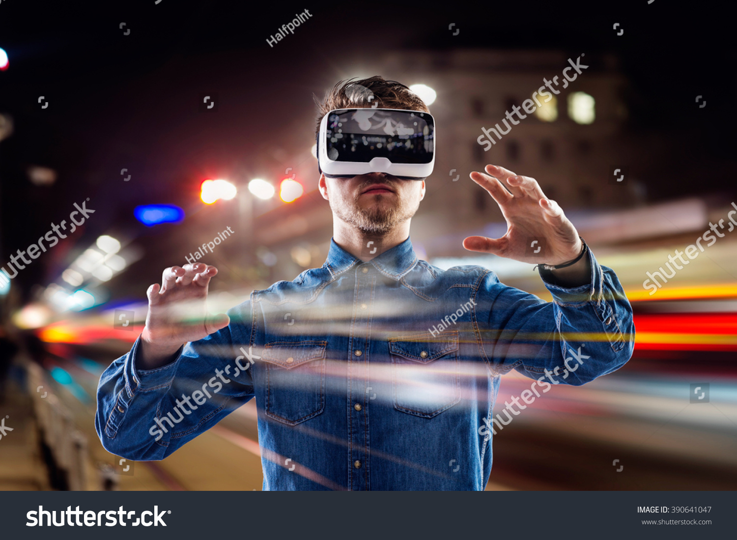 Double exposure, man wearing virtual reality goggles, night city #390641047