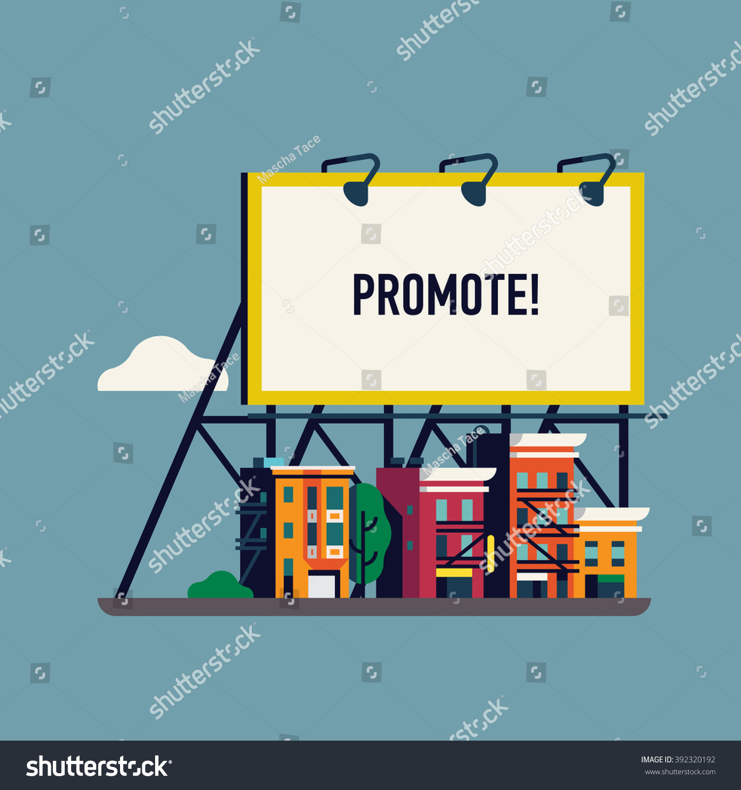 Cool vector flat giant advertisement billboard over small town. Large promotional banner with city street townhouses. Website banner template with urban landscape. City ad background for your business #392320192