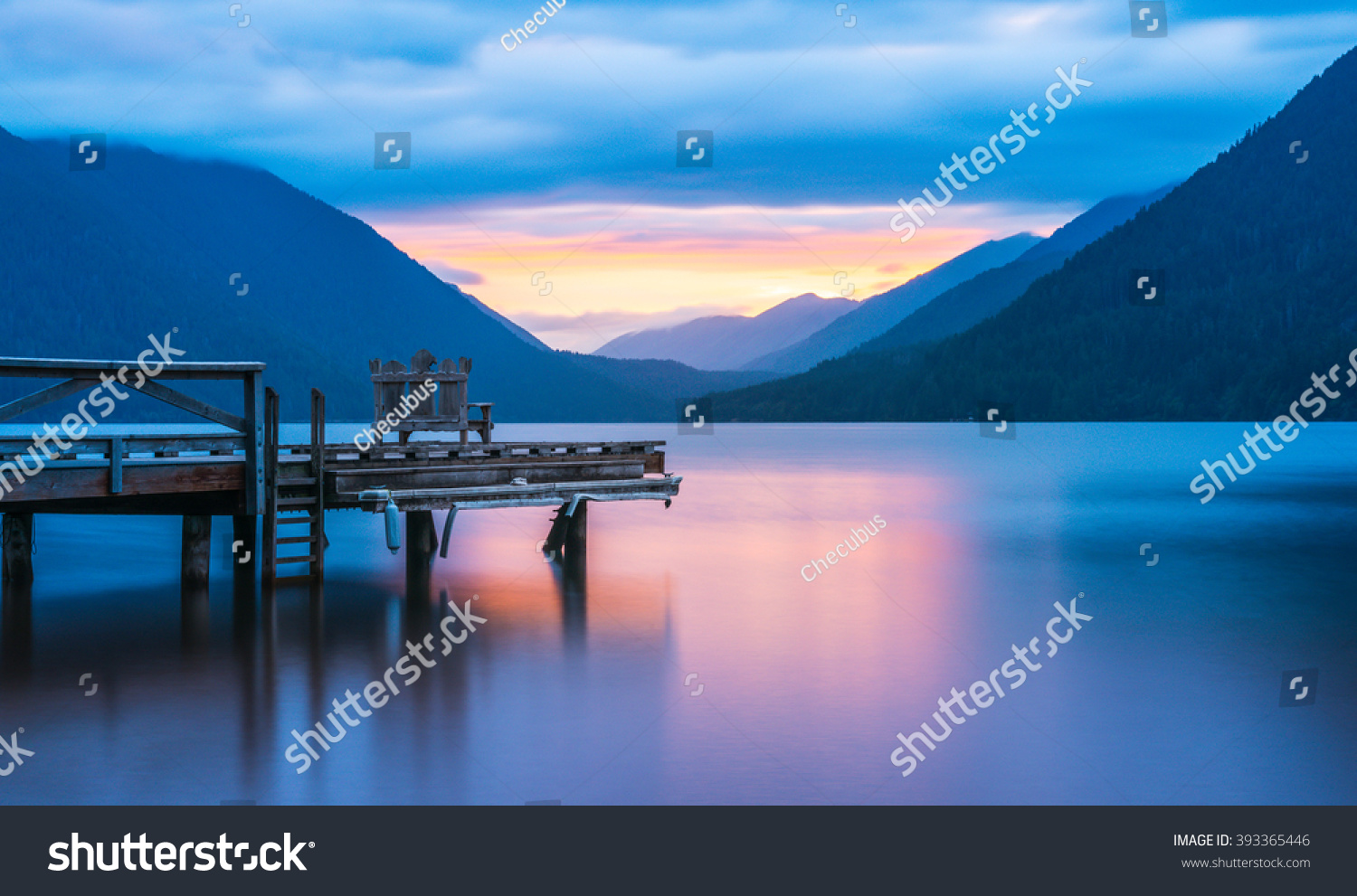 scenic view of pier in lake Crescent when sunset, in Olympic national park,Washington State.Usa #393365446