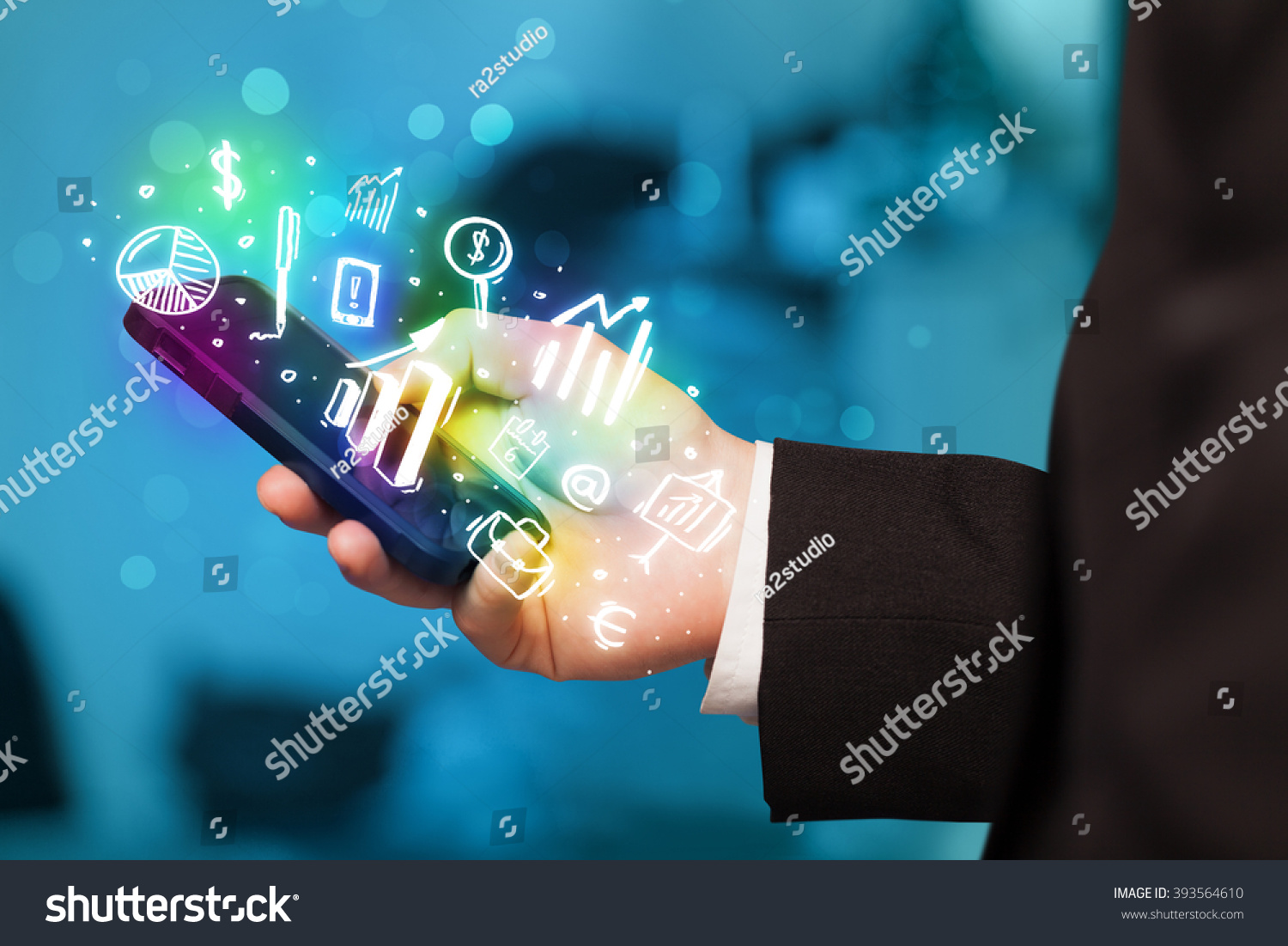 Smartphone with finance and market icons and symbols concept #393564610