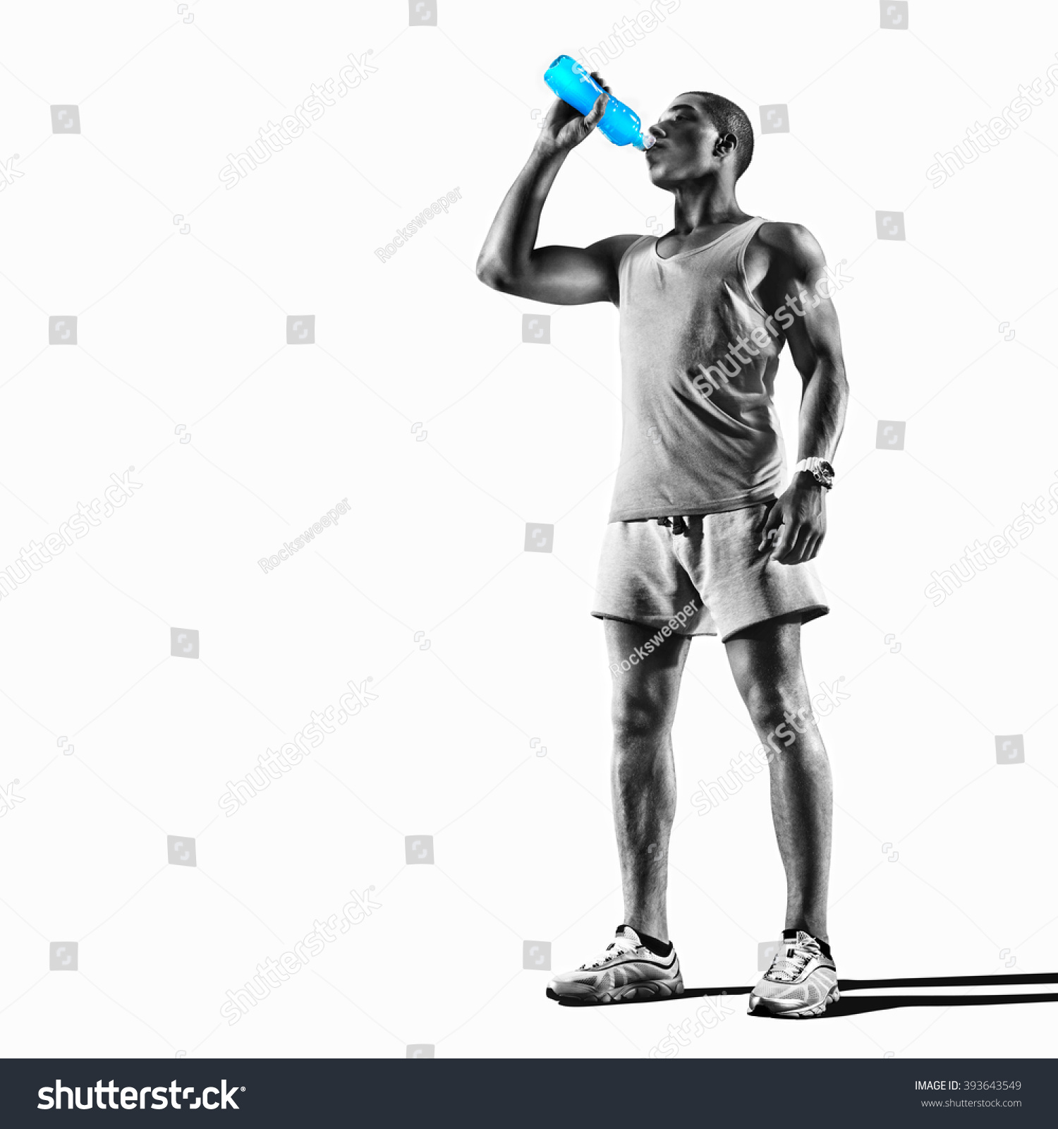 Young muscular build man silhouette drinking water of bottle after running, attractive athlete resting after workout outdoors, fitness and healthy lifestyle concept. Isolated on white #393643549
