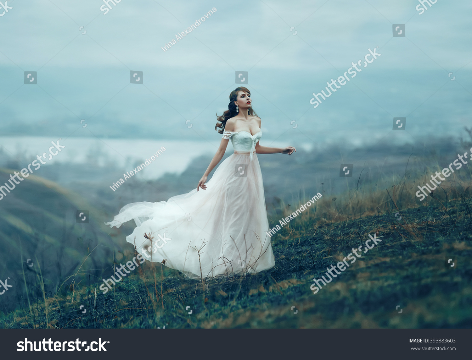 The girl in transparent dress with long flying pastel train stands on the top of the mountain , Shabby chic, boho style , fashion creative computer color rendering
 #393883603