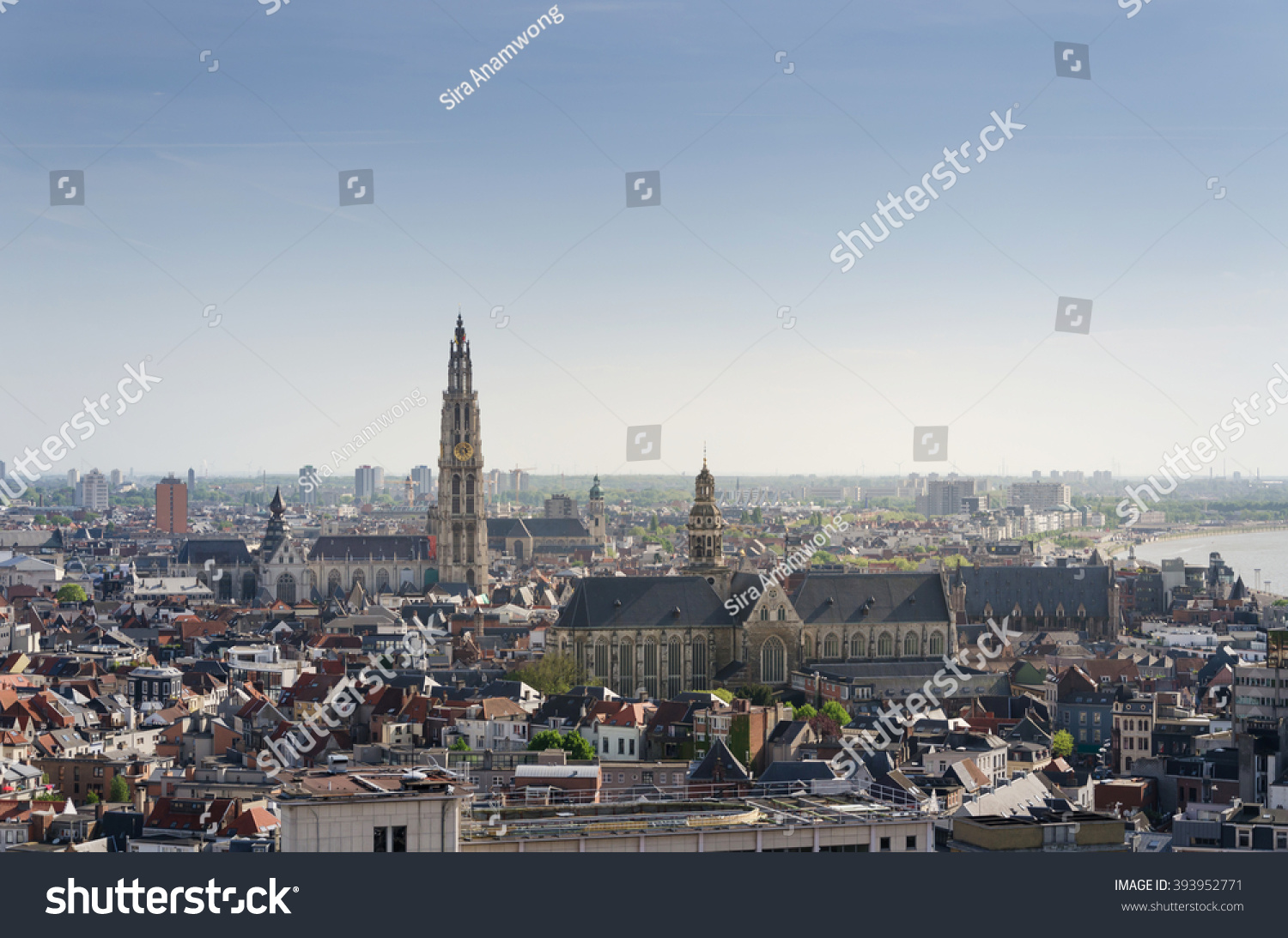 Aerial view on the Cathedral of Our Lady and the Church of Saint Paul in Antwerp, Belgium. viewed from Museum aan de Stroom #393952771