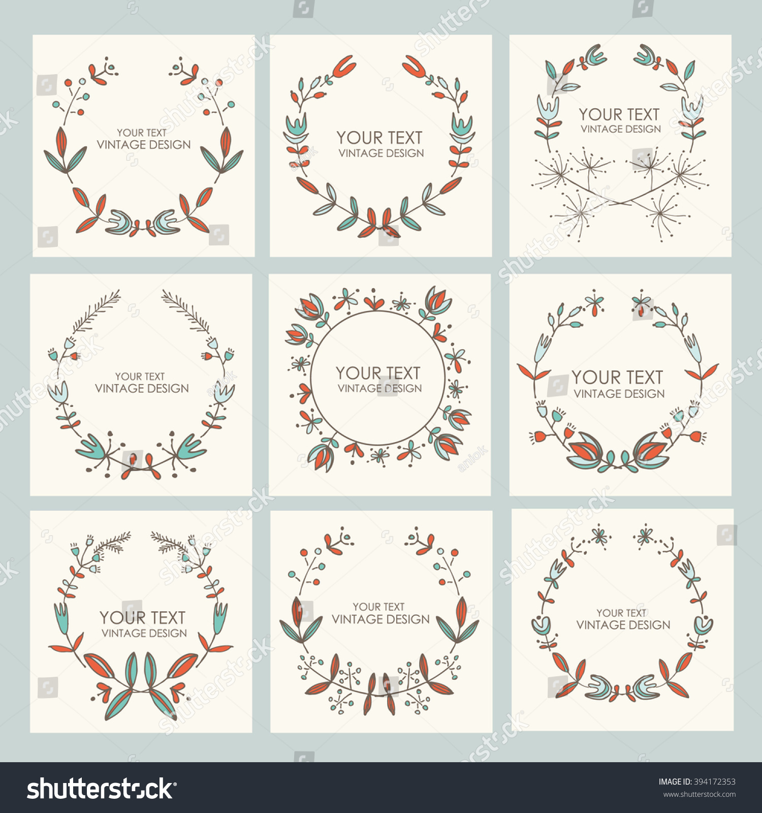 Collection of floral wreath, hand drawn. #394172353