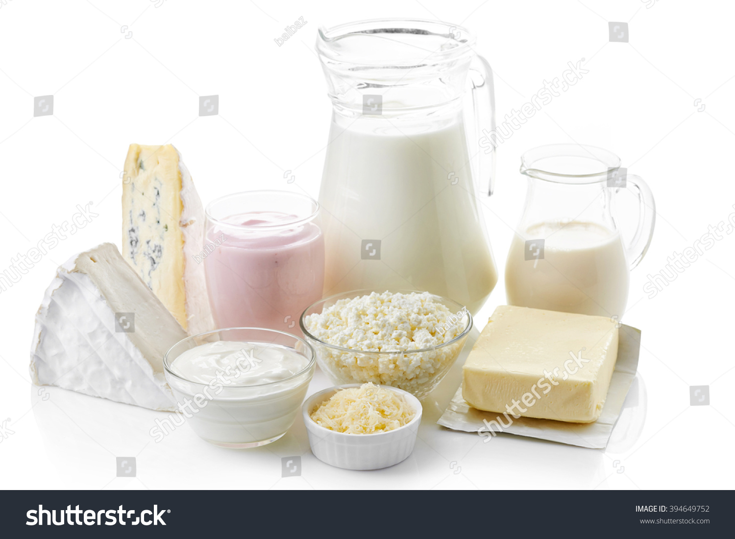 Various fresh dairy products isolated on white background #394649752