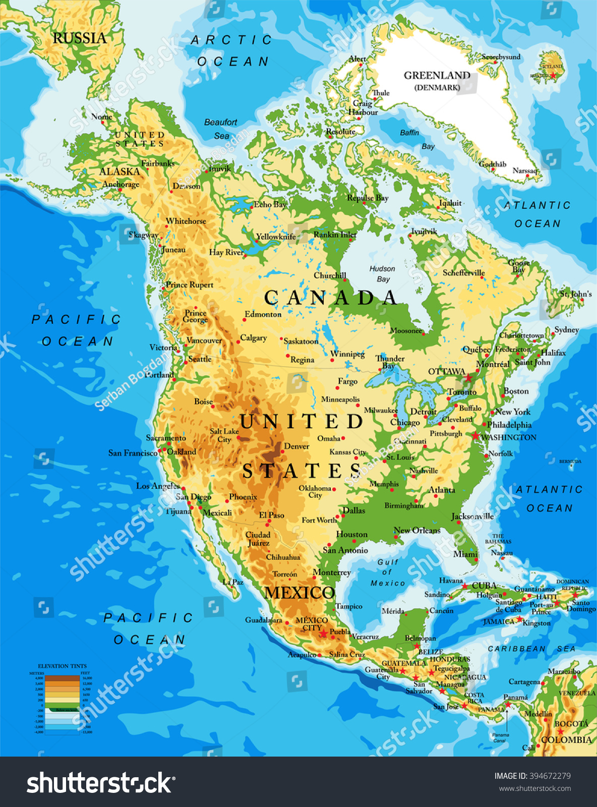 Physical Map Of North America Royalty Free Stock Vector 394672279 0686