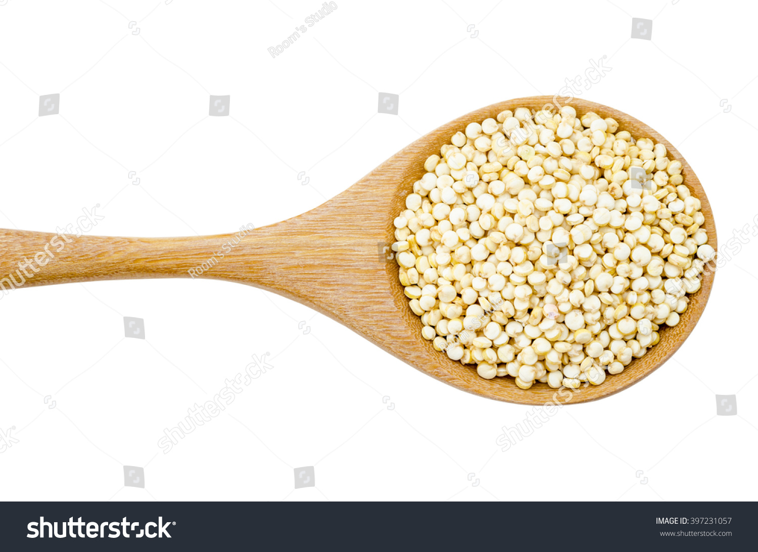 Raw white quinoa seeds in wooden spoon isolated on white background, Clpiing path. #397231057