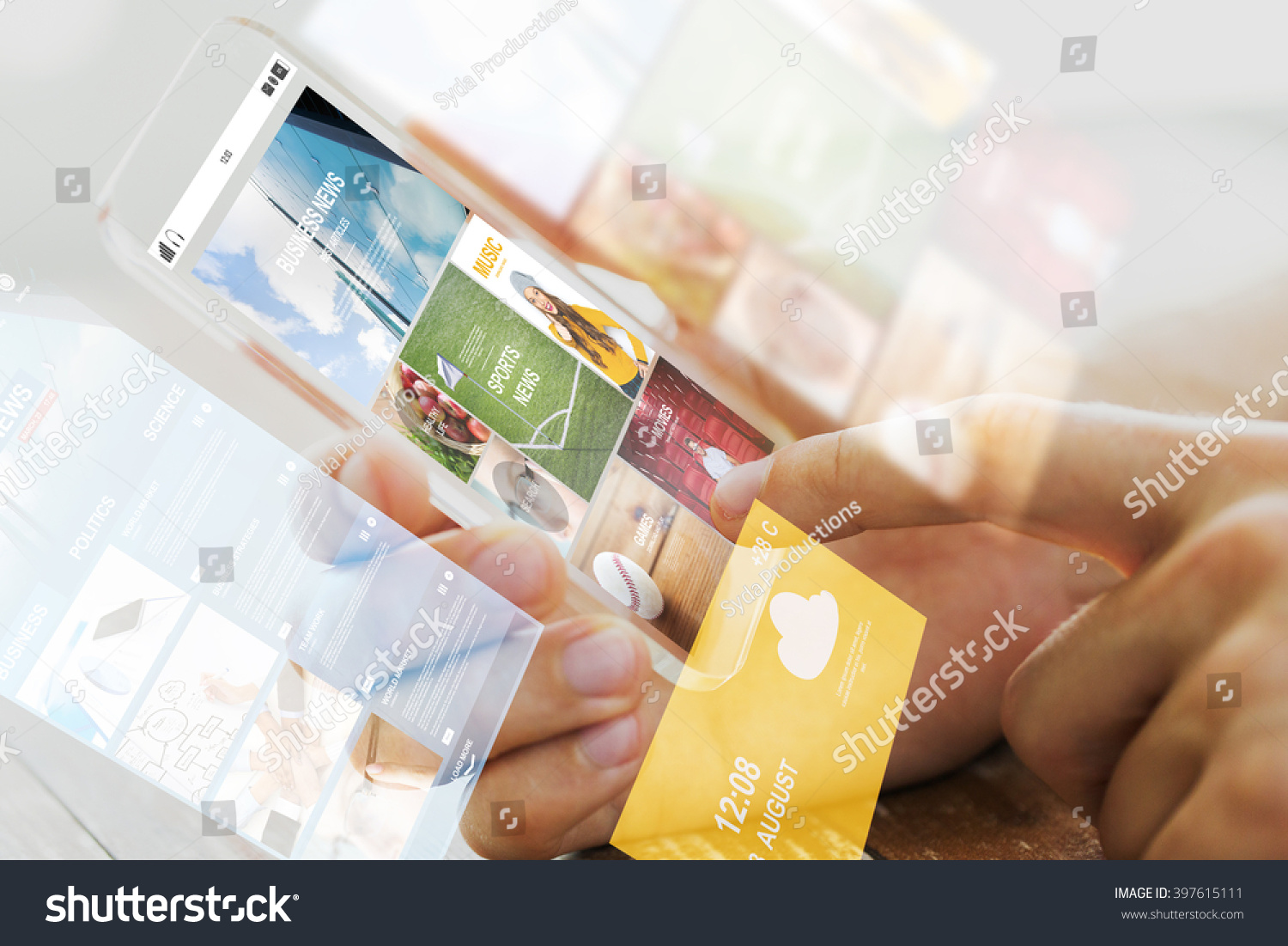 business, technology, mass media and people concept - close up of male hand holding transparent smartphone with internet news web page on screen #397615111