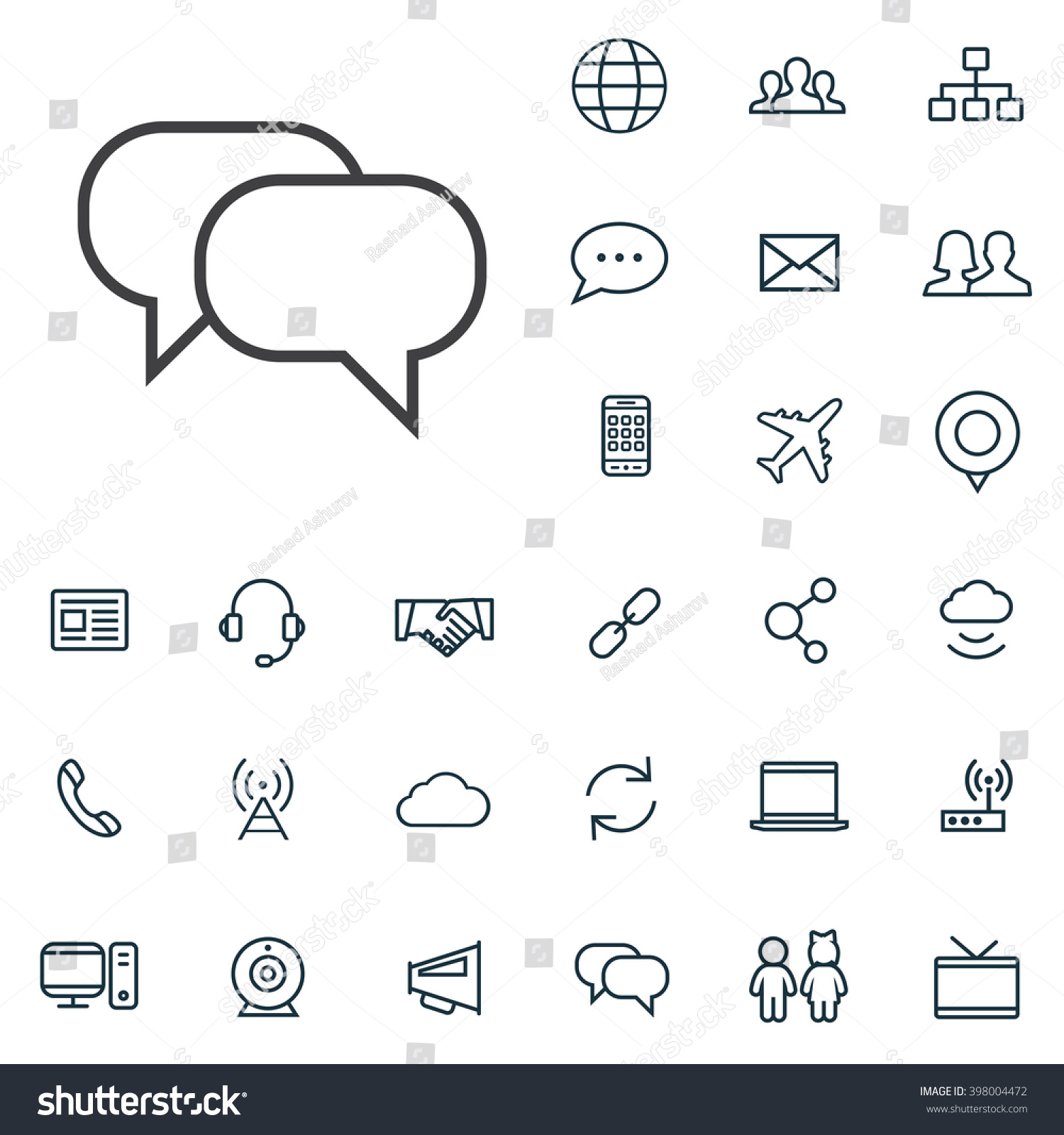 Linear communication icons set. Universal communication icon to use in web and mobile UI, communication basic UI elements set #398004472