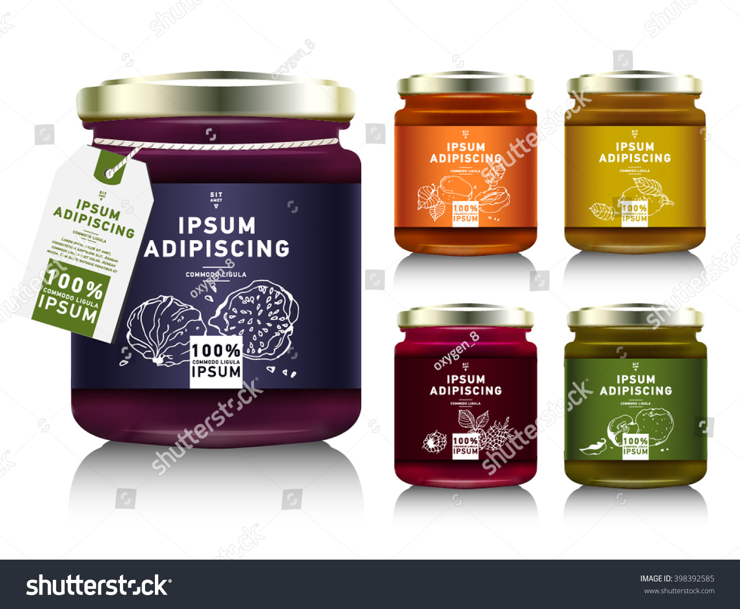 Glass jar with with jam, configure or honey. Vector illustration. Packaging collection. Label for jam. Bank realistic with design tag. Mock up  mason jar with design label or badges #398392585