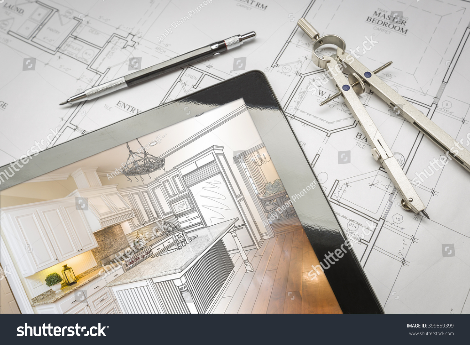 Computer Tablet Showing Kitchen Illustration Sitting On House Plans With Pencil and Compass. #399859399