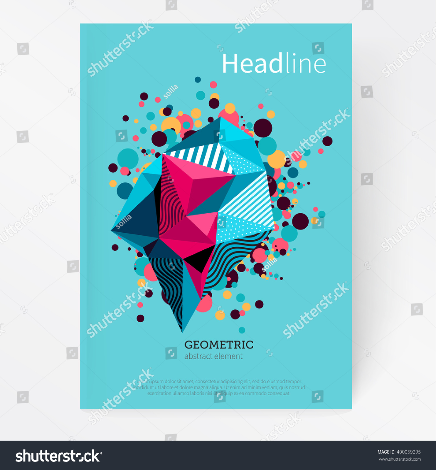 Cover template. Flat style Abstract geometric polygonal design element. Geometric crystal multicolored splash stock-vector EPS 10 #400059295