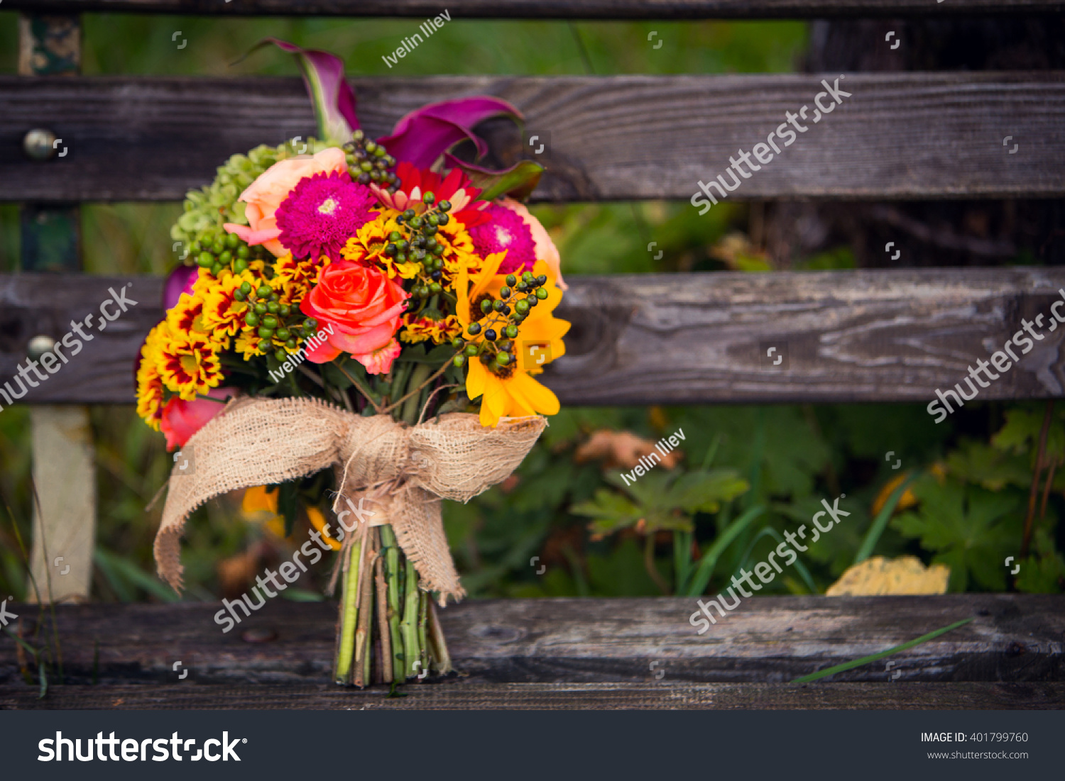 bridal bouquet on bench #401799760