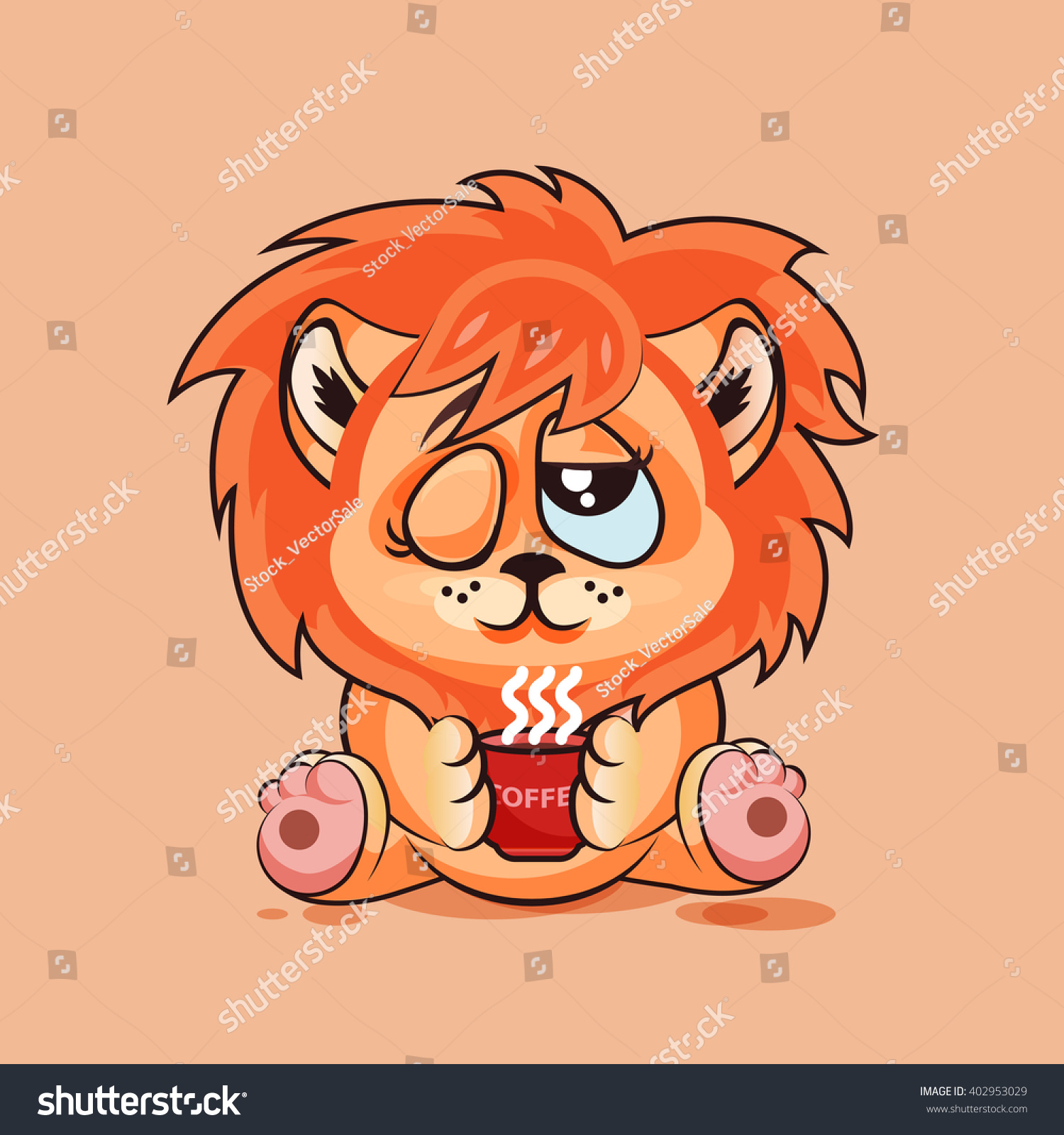 Vector Stock Illustration Emoji character cartoon Lion cub just woke up with cup of coffee sticker emoticon for site, infographic, video, animation, website, e-mail, newsletter, report, comic #402953029