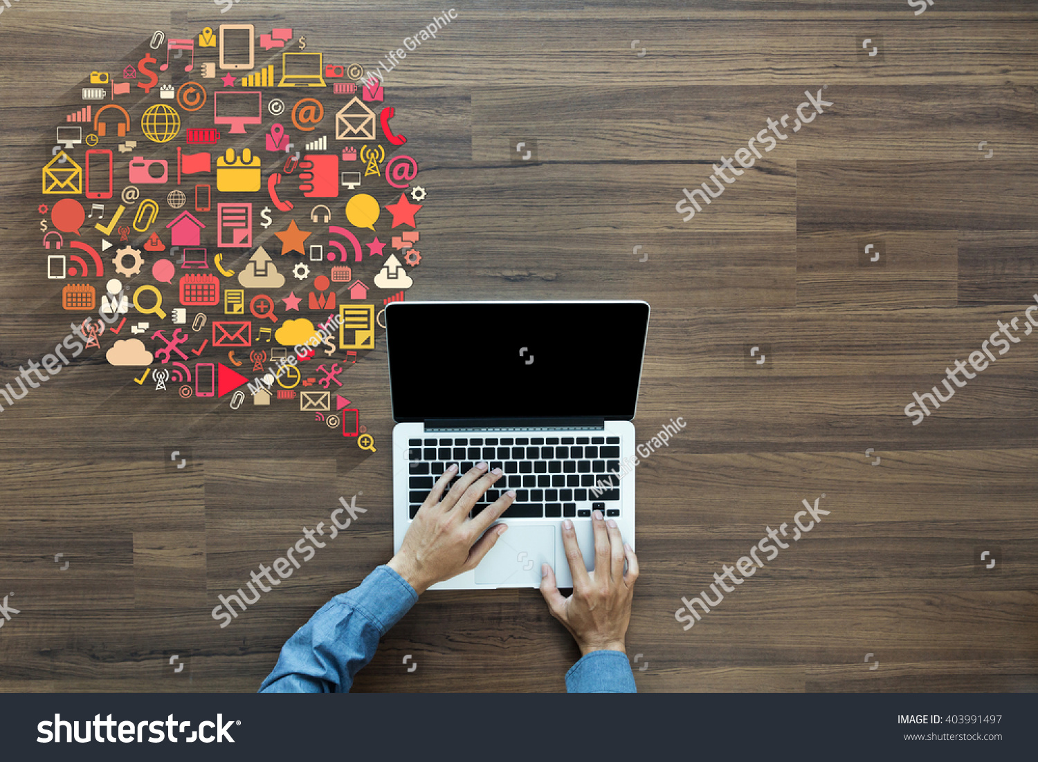 Business innovation technology set application icons, With businessman working on laptop computer PC on wood table, view from above #403991497
