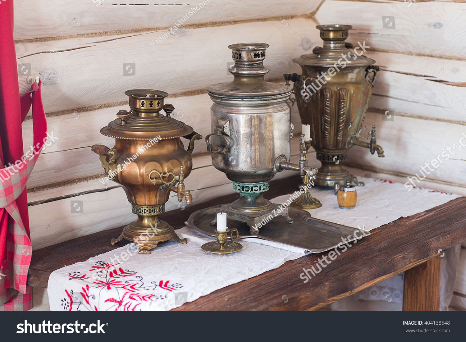 traditional old Russian tea kettle with bagels and marmalades #404138548