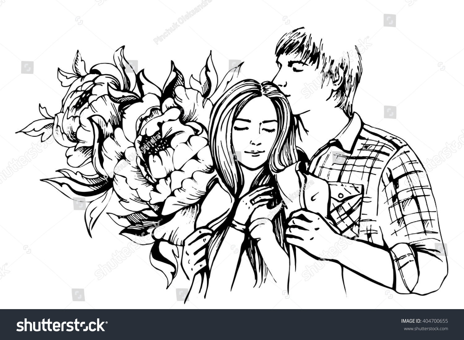 Young couple in love.Sensual sketch portrait of young stylish fashion couple. Embraces of a loving couple, couple hugging and flirting. Hand drawn vector illustration