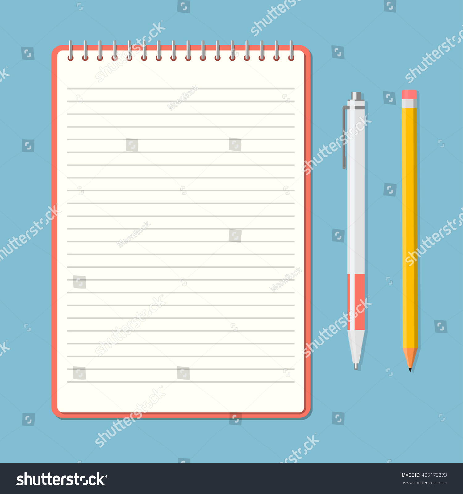 Opened notepad with pencil and pen in top view. Sketchbook or diary. Vector illustration #405175273